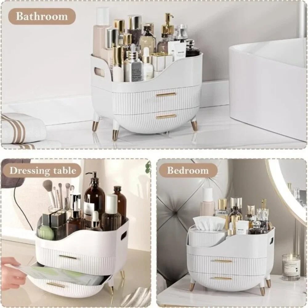 Makeup Organizer for Vanity, Large Skincare Storage Box with 2 Drawers - White